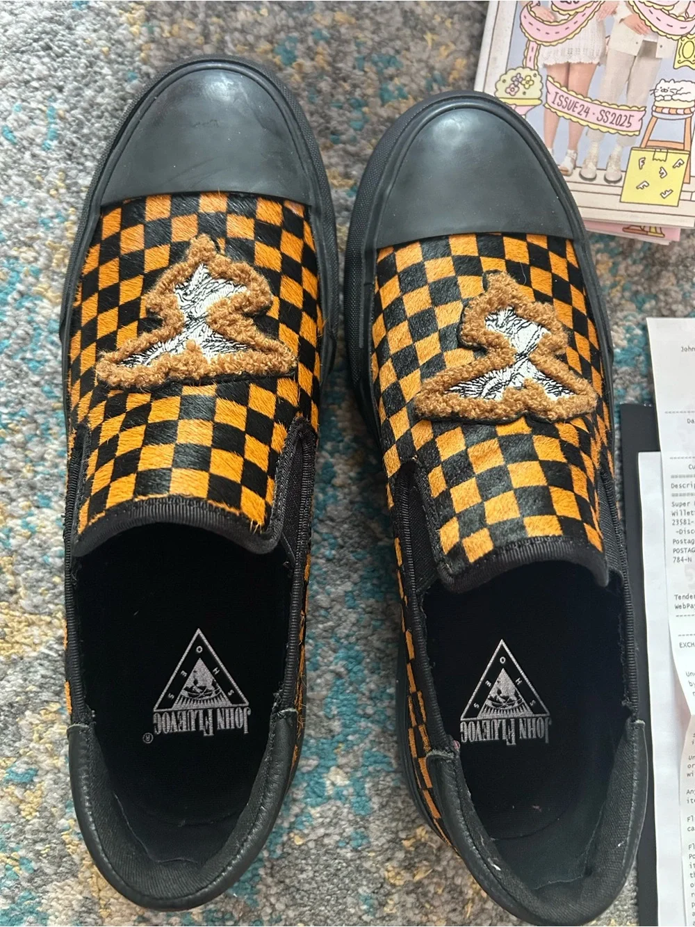 John Fluevog Black & Orange Checkerboard Slip-On Shoes Leather